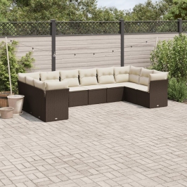 Set de sofás de jardín 10 pzas y cojines ratán sintético marrón