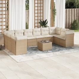 Set de sofás de jardín 11pzas con cojines ratán sintético beige