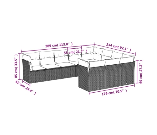 Set de sofás de jardín 10 pzas cojines ratán sintético negro