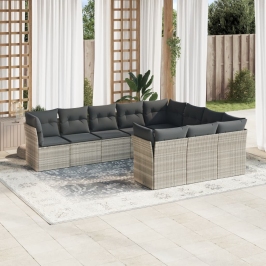 Set sofás jardín 10 pzas con cojines ratán sintético gris claro
