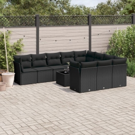 Set de sofás de jardín 11 pzas y cojines ratán sintético negro