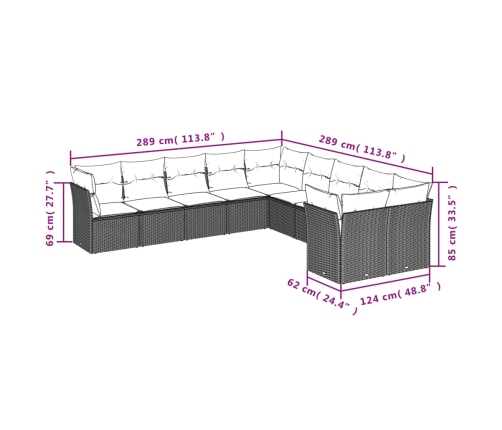 Set de sofás de jardín 10 pzas con cojines ratán sintético gris