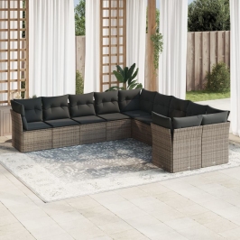 Set de sofás de jardín 10 pzas con cojines ratán sintético gris