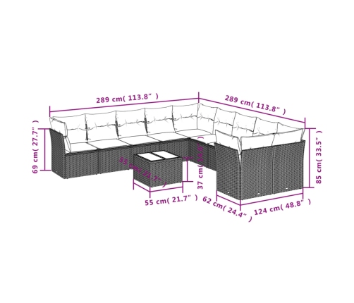 Set de sofás de jardín 11pzas con cojines ratán sintético beige