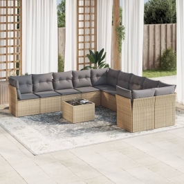 Set de sofás de jardín 11pzas con cojines ratán sintético beige