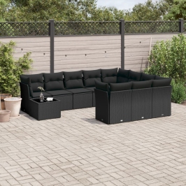 Set de sofás de jardín 11 pzas y cojines ratán sintético negro