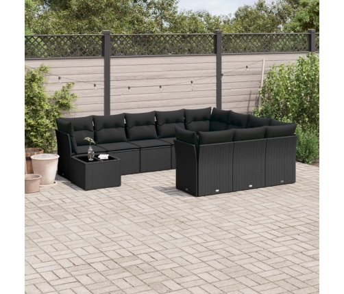Set de sofás de jardín 11 pzas y cojines ratán sintético negro