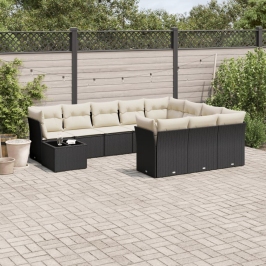 Set de sofás de jardín 11 pzas y cojines ratán sintético negro