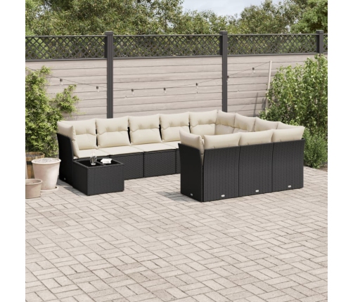 Set de sofás de jardín 11 pzas y cojines ratán sintético negro