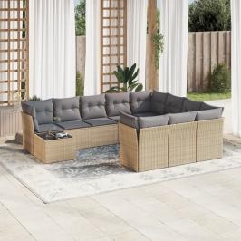 Set de sofás de jardín 11pzas con cojines ratán sintético beige