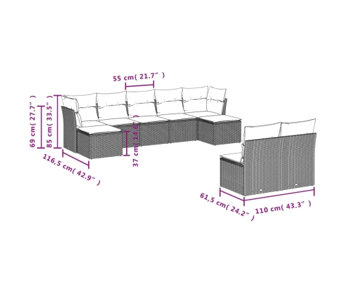 Set de sofás de jardín 9 pzas con cojines ratán sintético beige