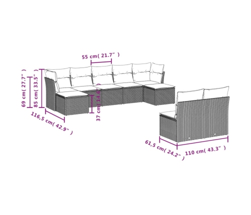 Set de sofás de jardín 9 pzas con cojines ratán sintético beige