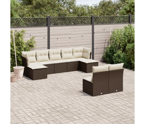 Set de sofás de jardín 9 pzas y cojines ratán sintético marrón