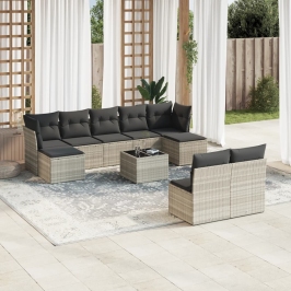 Set sofás jardín 10 pzas con cojines ratán sintético gris claro