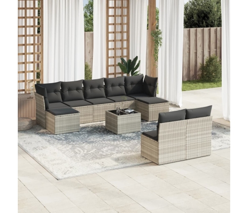 Set sofás jardín 10 pzas con cojines ratán sintético gris claro