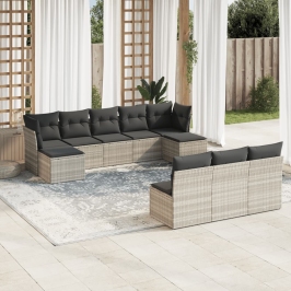 Set sofás jardín 10 pzas con cojines ratán sintético gris claro