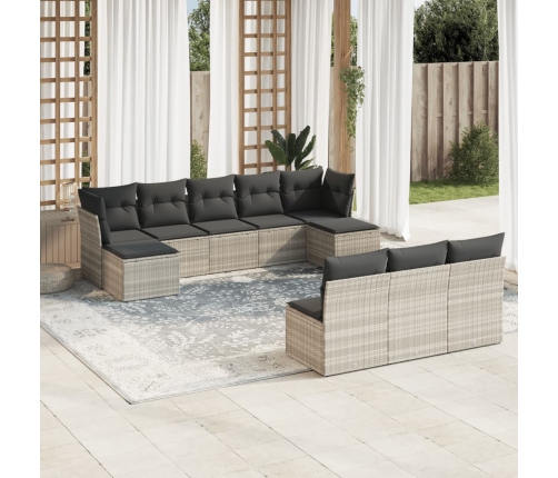 Set sofás jardín 10 pzas con cojines ratán sintético gris claro