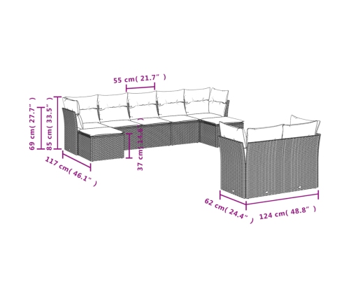 Set muebles jardín 9 pzas y cojines ratán sintético gris claro