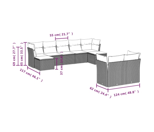 Set de sofás de jardín 9 pzas y cojines ratán sintético marrón