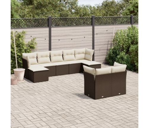 Set de sofás de jardín 9 pzas y cojines ratán sintético marrón