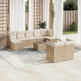 Juego de sofás jardín con cojines beige 10 pzas ratán sintético