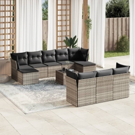 Set sofás jardín 10 pzas con cojines ratán sintético gris claro
