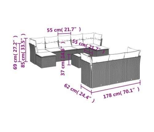 Set de sofás de jardín 11pzas con cojines ratán sintético beige