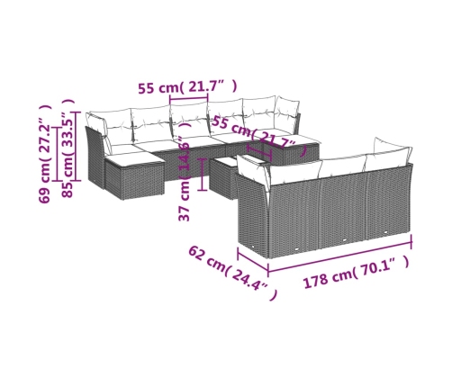 Set de sofás de jardín 11pzas con cojines ratán sintético beige