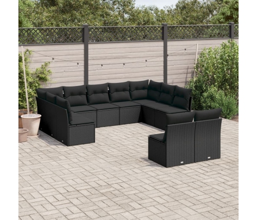 Set de sofás de jardín 11 pzas y cojines ratán sintético negro