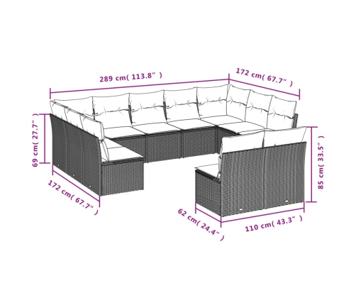 Set de sofás de jardín 11 pzas cojines ratán sintético marrón