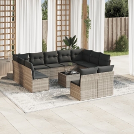 Set de sofás de jardín 12 pzas y cojines ratán sintético gris