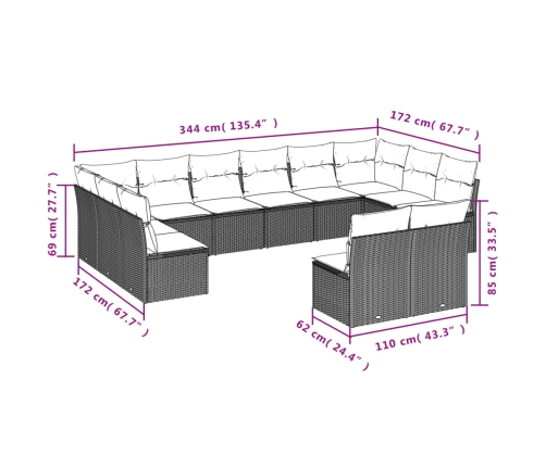 Set de sofás de jardín 12 pzas y cojines ratán sintético gris