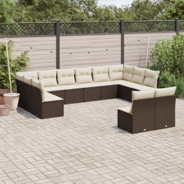 Set de sofás de jardín y cojines 12 pzas ratán sintético marrón