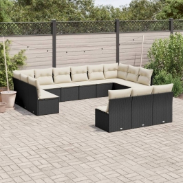 Set de sofás de jardín y cojines 13 pzas ratán sintético negro