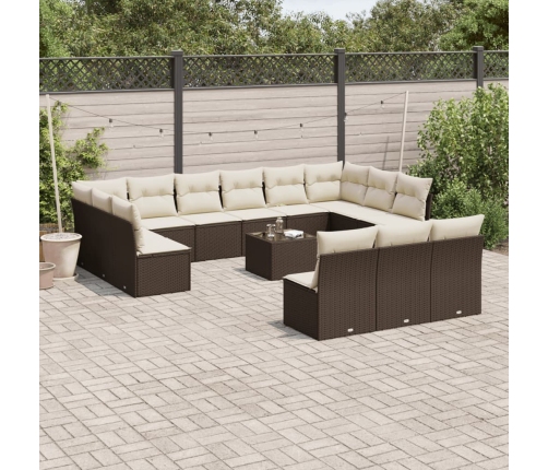 Set sofás de jardín 14 pzas con cojines ratán sintético marrón