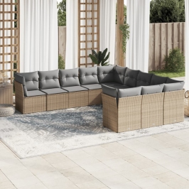 Set de sofás de jardín 11pzas con cojines ratán sintético beige