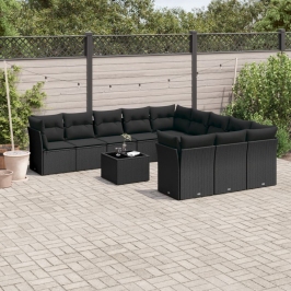 Set de sofás de jardín 12 piezas cojines ratán sintético negro