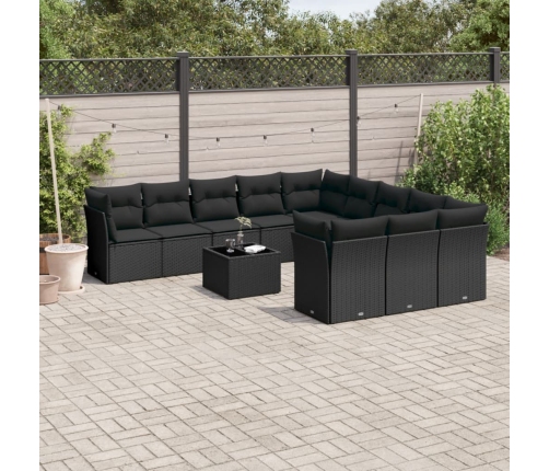 Set de sofás de jardín 12 piezas cojines ratán sintético negro