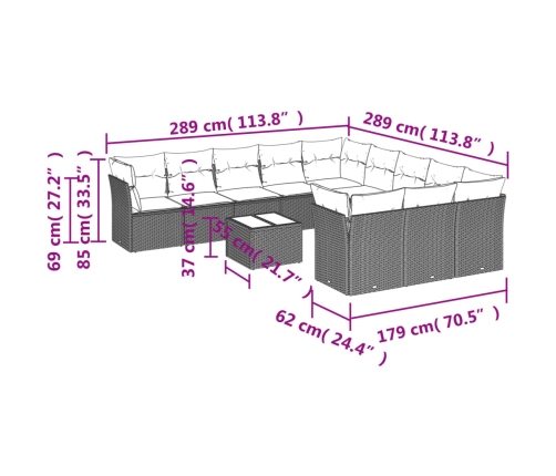 Set de sofás de jardín 12 pzas y cojines ratán sintético gris
