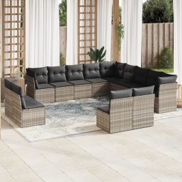 Set de sofás de jardín 12 pzas y cojines ratán sintético gris