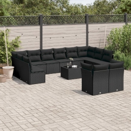 Set de sofás de jardín y cojines 13 pzas ratán sintético negro