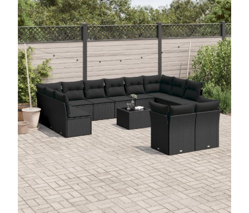 Set de sofás de jardín y cojines 13 pzas ratán sintético negro