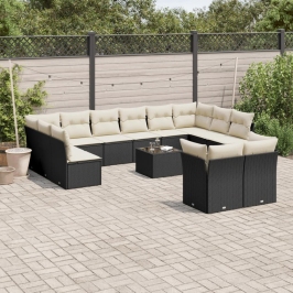 Set de sofás de jardín y cojines 13 pzas ratán sintético negro