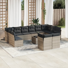 Set sofás de jardín con cojines 13 piezas ratán sintético gris