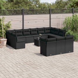 Set sofás de jardín 14 pzas con cojines ratán sintético negro