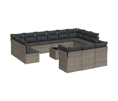 Set de sofás de jardín 14 pzas con cojines ratán sintético gris