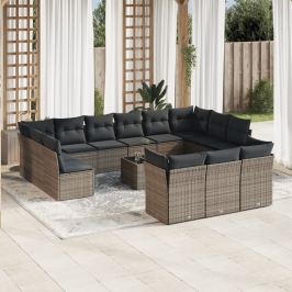 Set de sofás de jardín 14 pzas con cojines ratán sintético gris