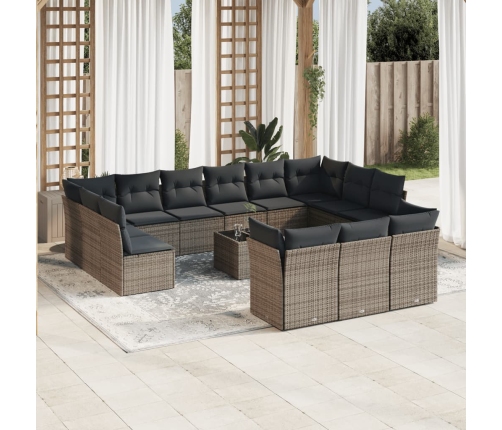 Set de sofás de jardín 14 pzas con cojines ratán sintético gris
