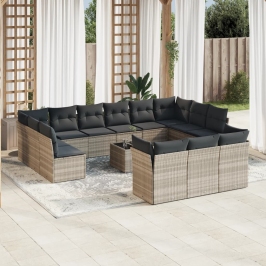 Set sofás jardín 14 pzas con cojines ratán sintético gris claro