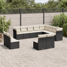 Set de sofás de jardín 12 piezas cojines ratán sintético negro